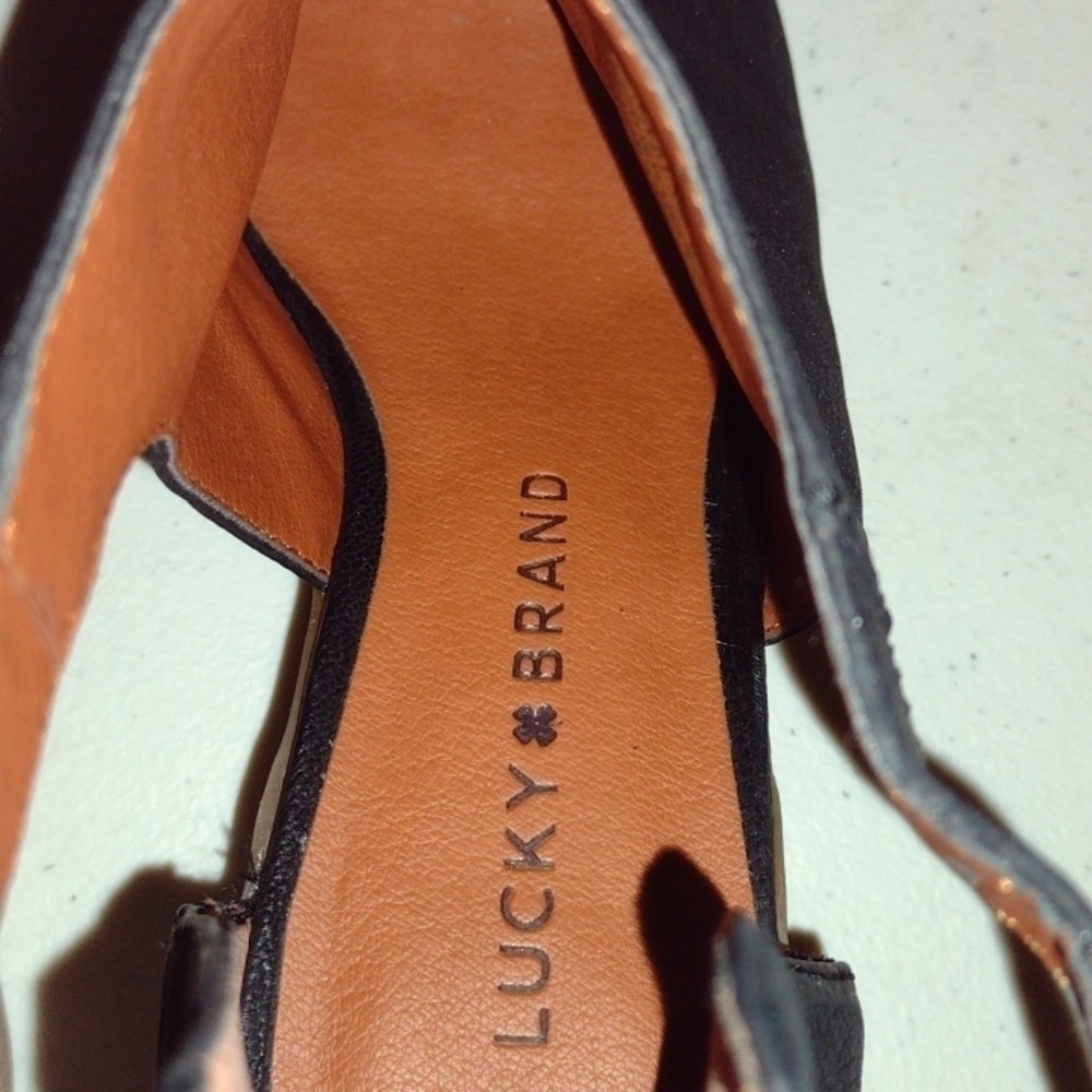 Lucky Brand Barimo Black Leather Cutout Chunk Stacked Heel Peeptoe Shoes size6.5 - Picture 6 of 13